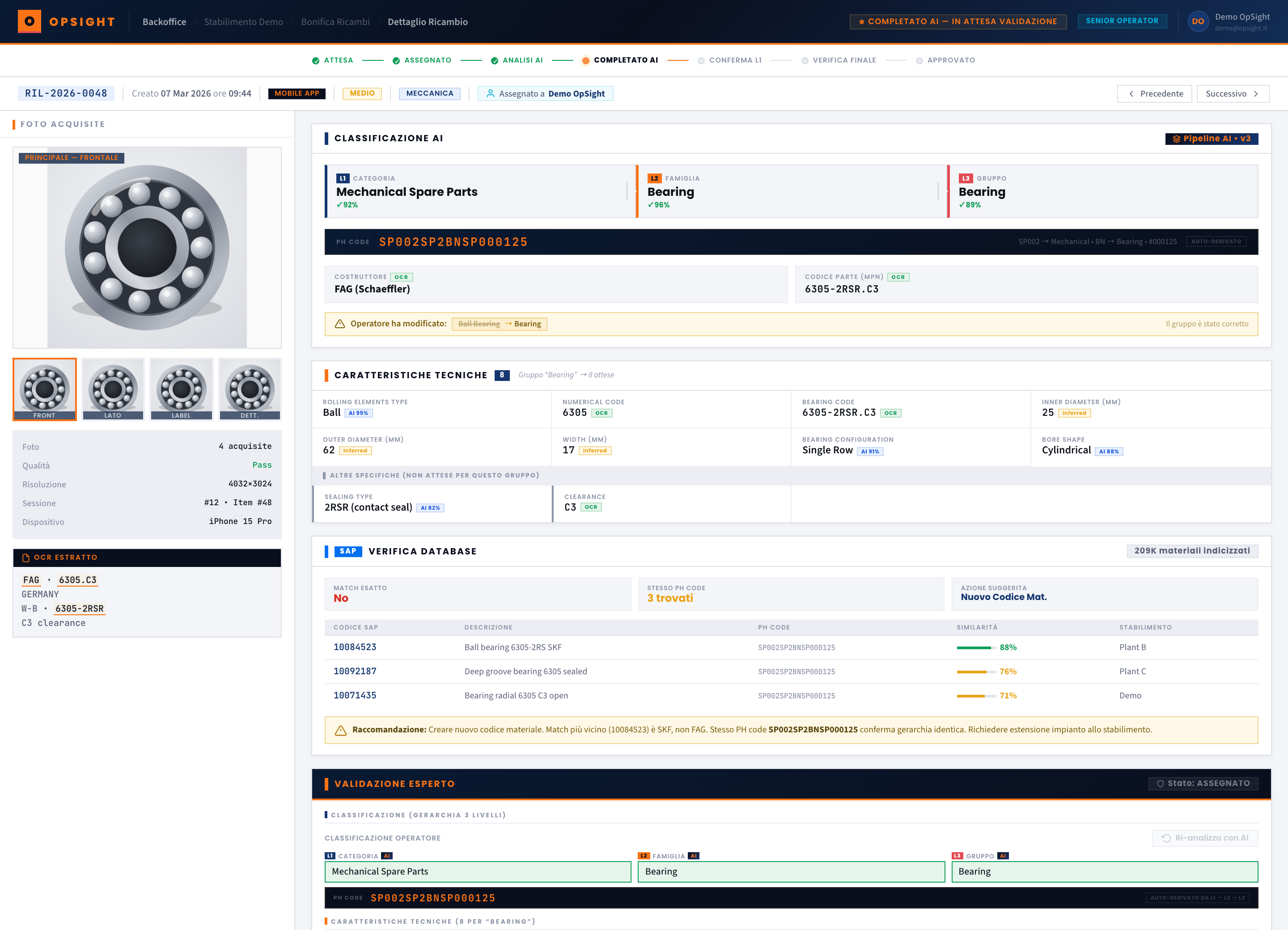 Console back-office OpSight Maintain: classificazione AI di un cuscinetto con livelli di confidenza e verifica sul database SAP