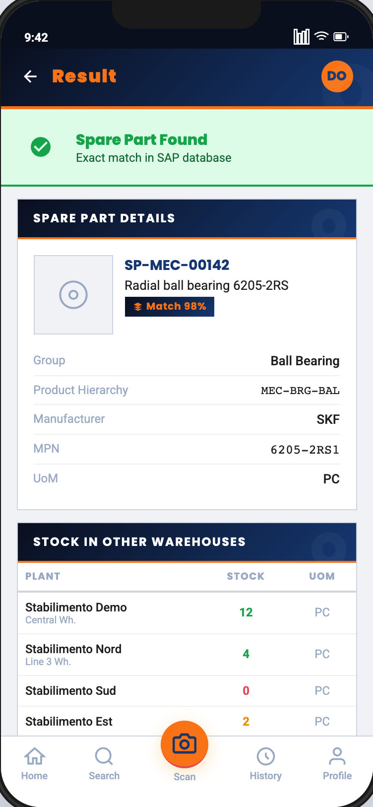 App mobile OpSight Maintain: ricambio identificato con match esatto nel database SAP