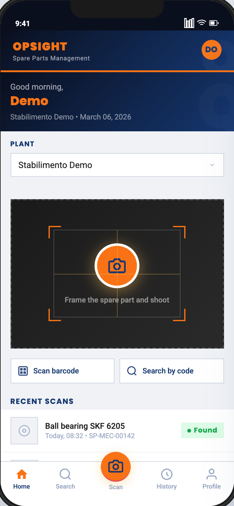 App mobile OpSight Maintain: ricambio identificato con match esatto nel database SAP